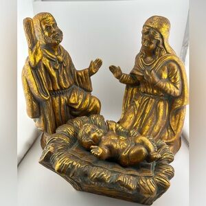 Beautful 3 Piece Gold Ceramic Christmas Holiday Nativity Mary Joseph Baby Jesus